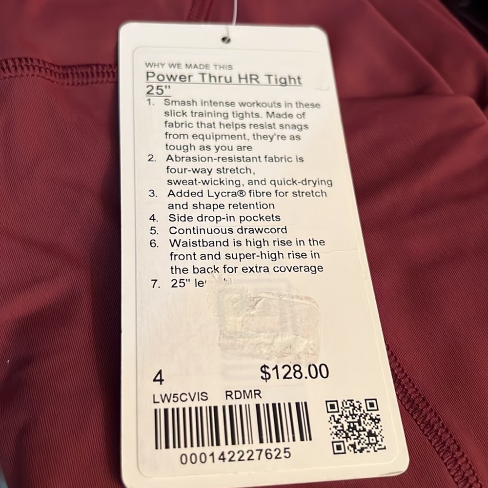 NWT Lululemon Power Thru HR Tight 25” Red Merlot. Retail $128. Size 4 - Picture 5 of 5